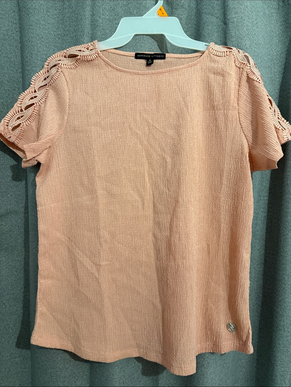 Adrienne Vittadini Peach Crochet-Trim Short Sleeve Tee